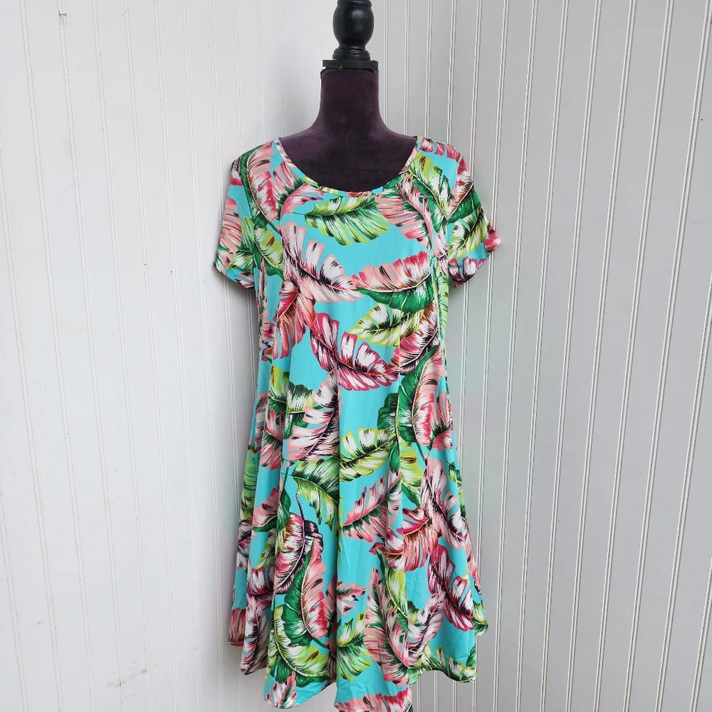 Lexington Avenue Blue Green Pink Palm Print Women's Strerch Casual Dress 1X